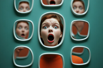 Person surrounded by mirrors each showing a different facial expression emotional fragmentation high realism