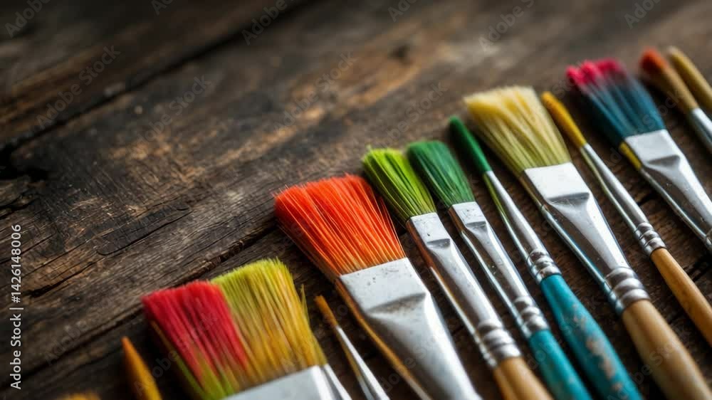 Poster artistic paintbrushes in a row on a table