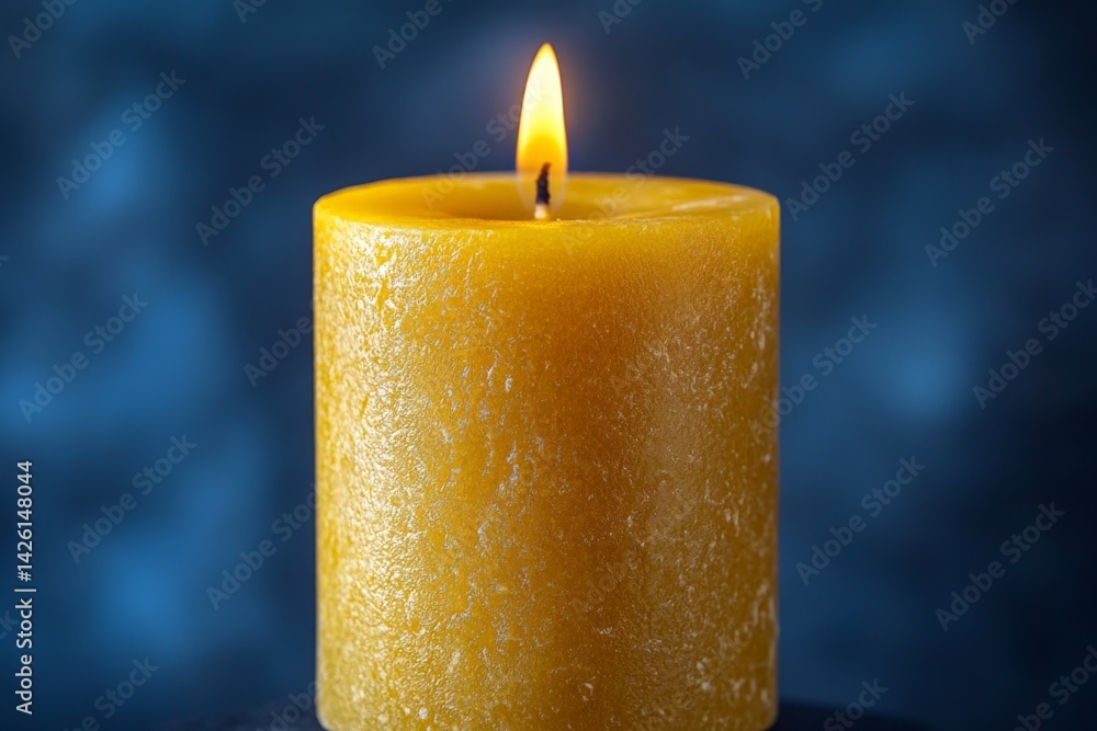 Aufkleber Yellow candle with a flickering flame against a blue background creating a warm and calming atmosphere