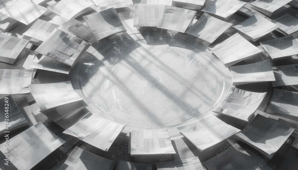 Poster dynamic reflection of circular metal sheets studio environment abstract art composition industrial s