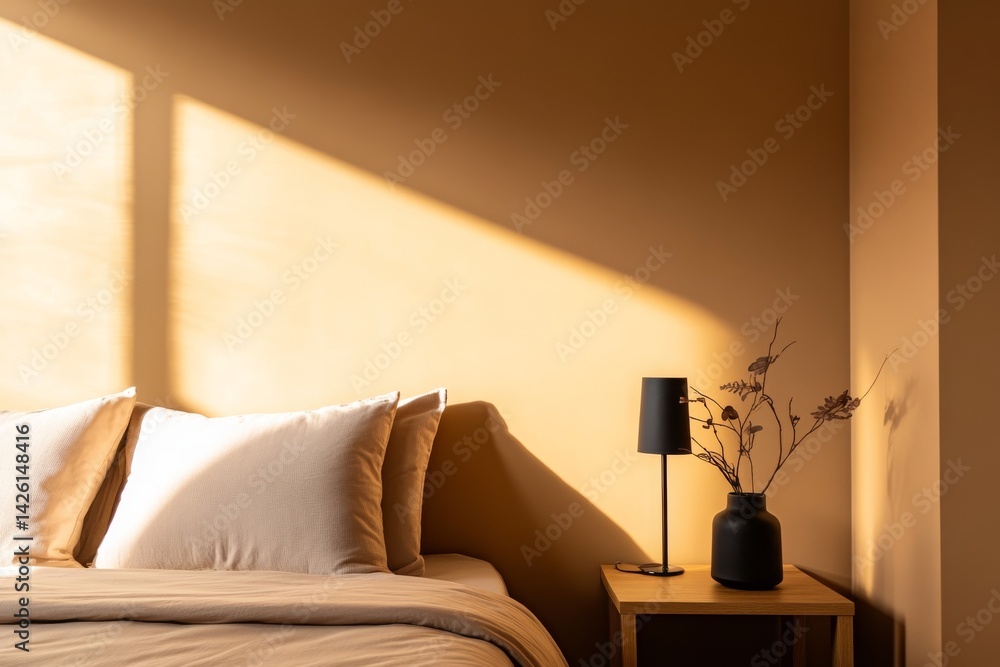 Poster a tranquil bedroom features light-colored walls and soft bedding, illuminated by warm sunlight. a st