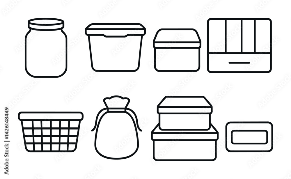 Poster household container icons set: elegant linear style for organizing essentials