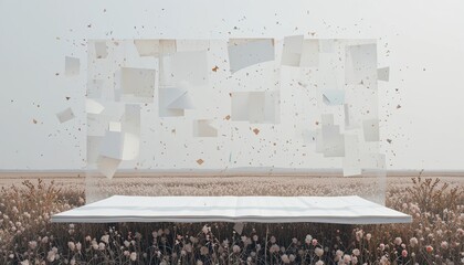 Floating paper art installation in a flower field modern conceptual art minimalistic environment surreal viewpoint