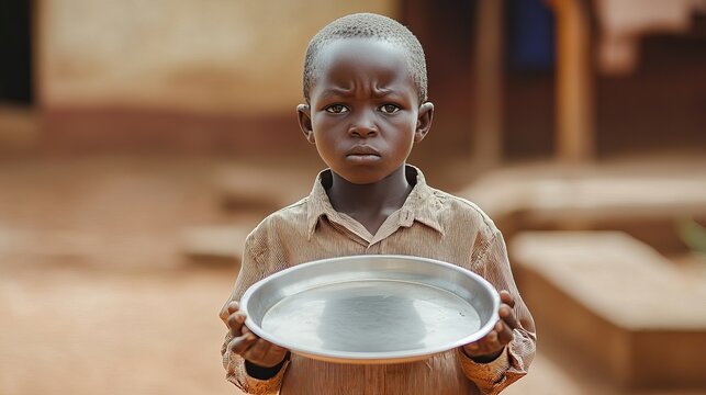 Young African Boy Holds Empty Metal Plate Serious Expression Poverty Hunger Child Africa Food Humanitarian Aid Need Help Support Development Hope Future Childrens Rights African Child Poverty in      