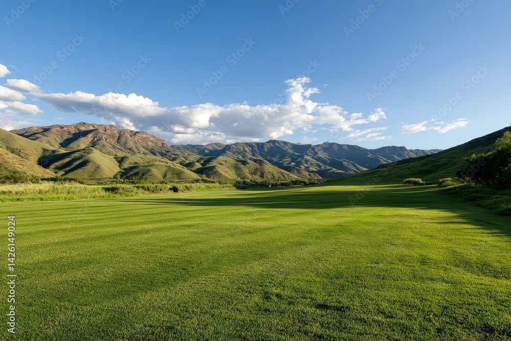 Aufkleber a peaceful location features lush green hills and towering mountains bathed in soft sunlight, creati