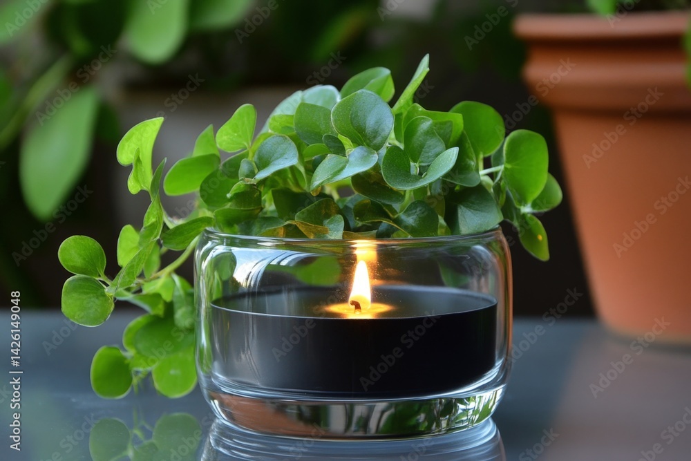 Aufkleber elegant candle surrounded by lush greenery on a serene tabletop setting in natural light during a pe