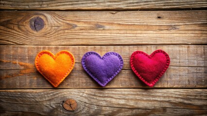 Fototapeta premium Rustic Wooden Background Felt Hearts | Purple Orange Red Handmade Valentine's Day Decor Craft