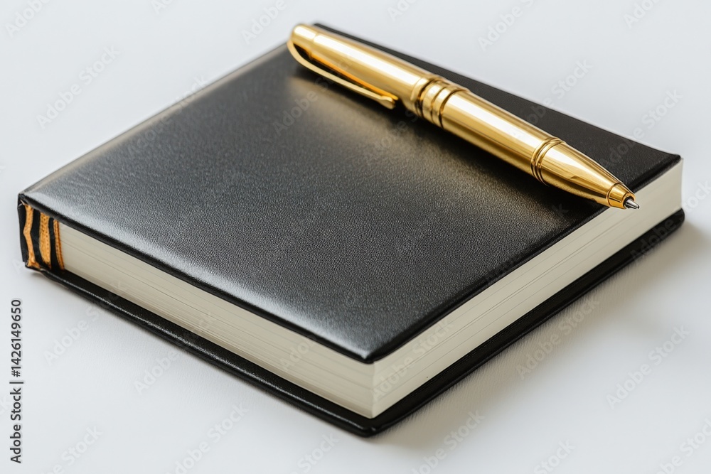 Poster Elegant black notebook with golden pen resting on top, ideal for writing and note-taking in any setting