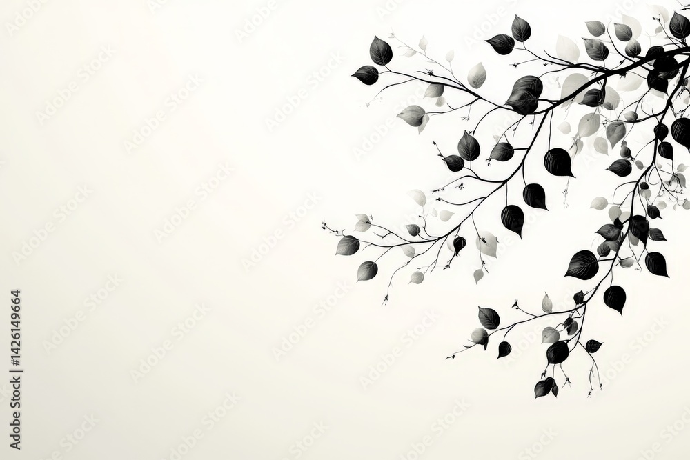 Poster elegant black and white branch with leaves against a soft light background