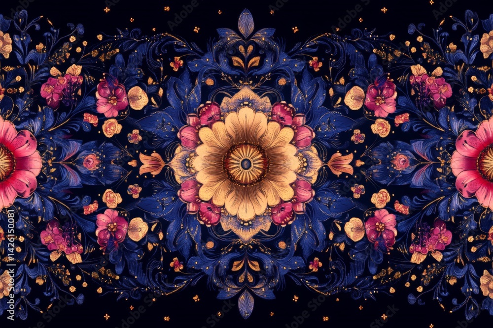 Poster colorful floral design featuring bold blooms and swirling foliage on a dark background in a symmetri
