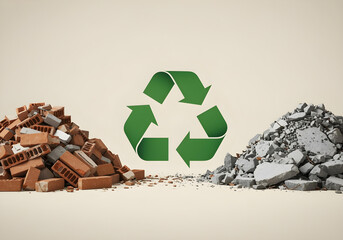 sustainable construction waste management with green recycling symbol between brick and concrete debris on neutral background
