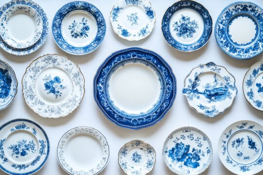Collection of vintage blue and white porcelain plates arranged on a flat surface