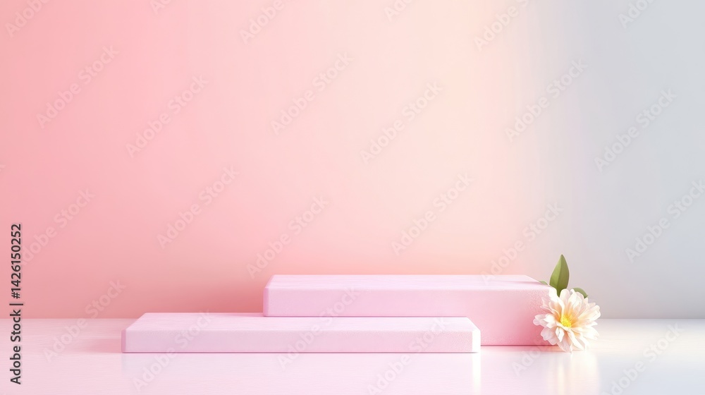 Poster pink product display platforms flower minimalist style soft lighting horizontal close-up view smooth