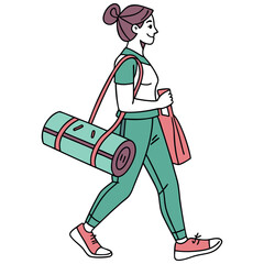 Woman with gym accessory set vector. Workout equipment's , yoga mat, sportswear and bag.