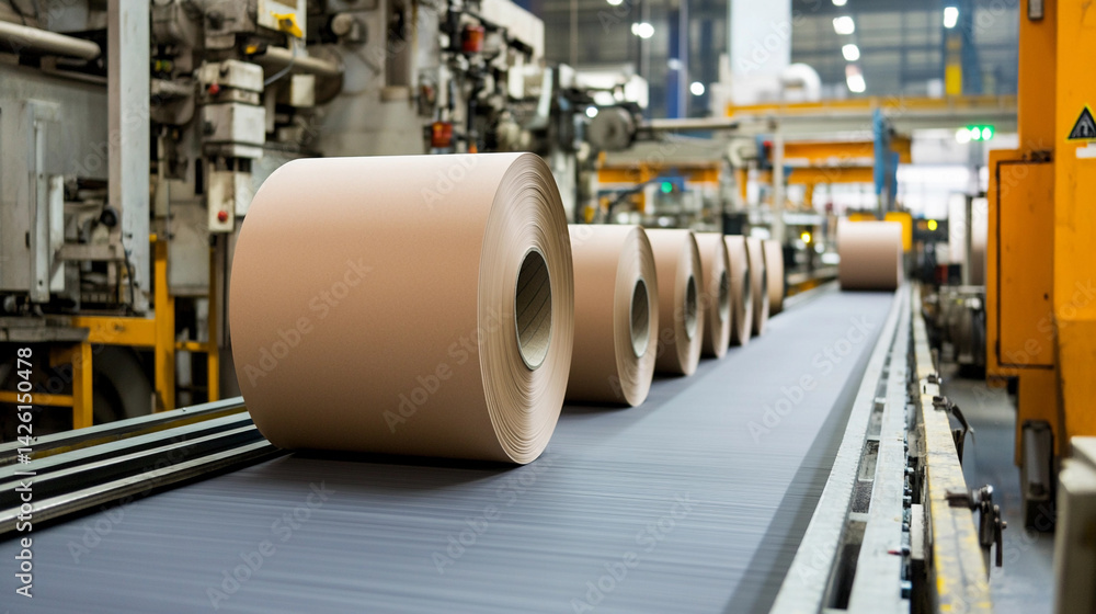 Poster close-up of industrial mill paper roll on conveyor belt generative ai