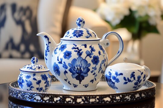 Elegant china tea set with blue floral patterns displayed on a tray in a modern living room setting