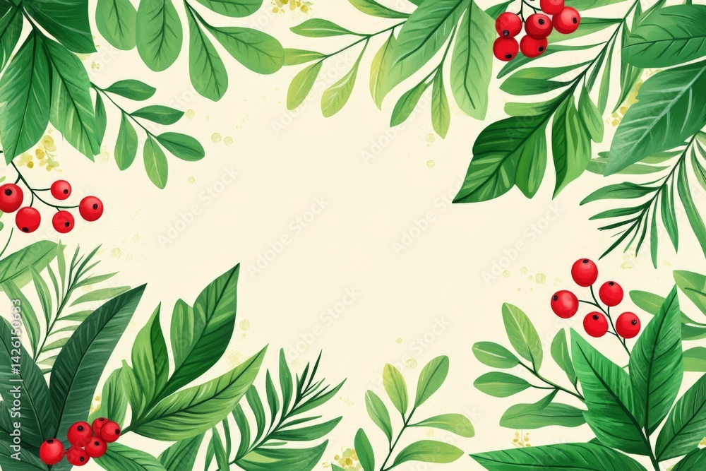 Aufkleber Colorful foliage with red berries creating an attractive border on a light background