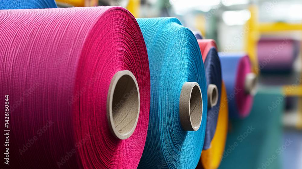 Poster colorful rolls of fabric arranged for textile production generative ai