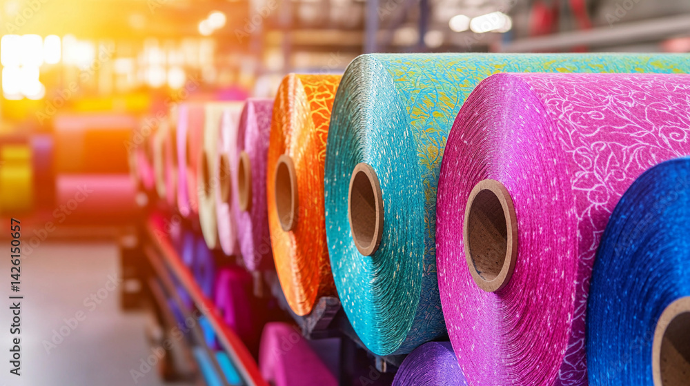 Poster Colorful rolls of fabric display in vibrant textile workshop Generative AI