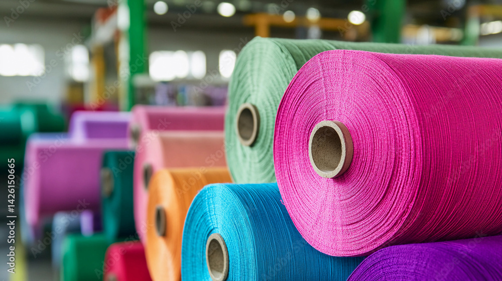 Poster colorful rolls of fabric in a textile warehouse setting generative ai