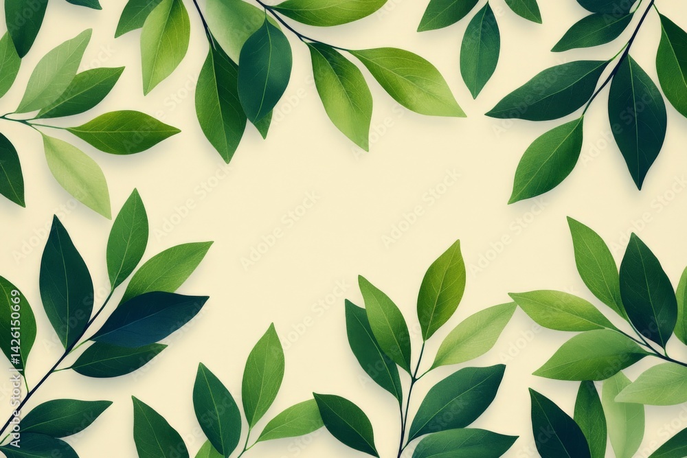 Poster green leaves arranged in a decorative pattern on a light background for design purposes