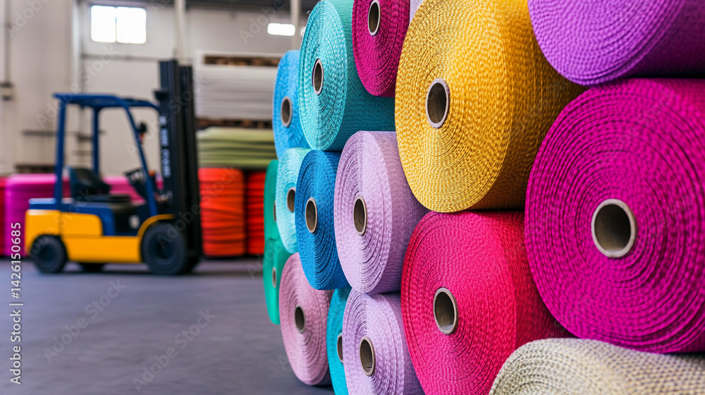 Poster colorful fabric rolls stacked in a textile warehouse generative ai