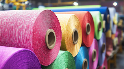 Colorful fabric rolls stacked neatly in a textile workshop Generative AI