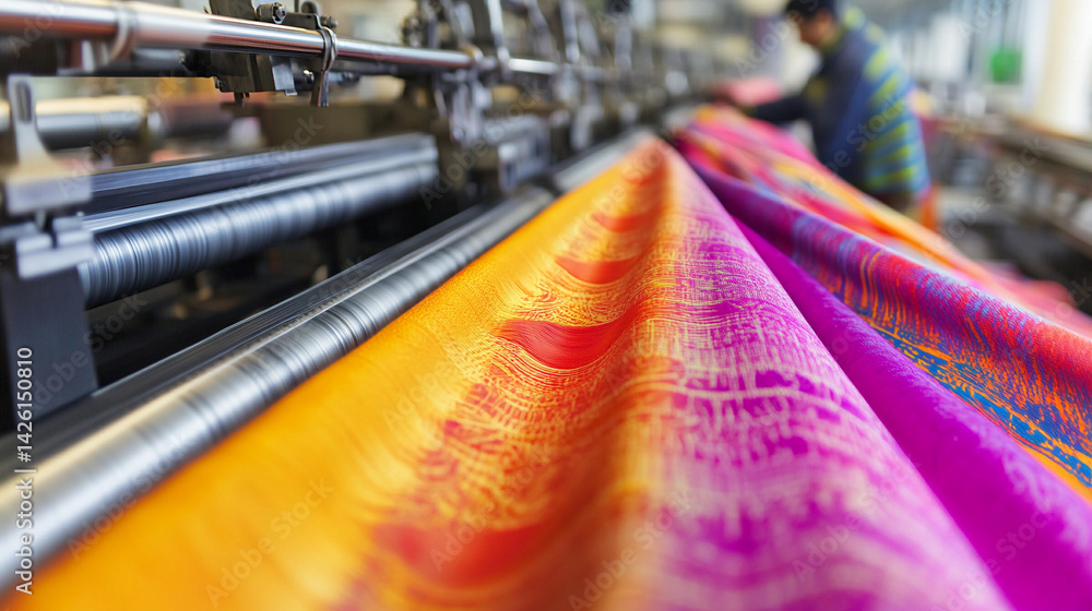 Poster worker handling vibrant textiles in a fabric production facility generative ai