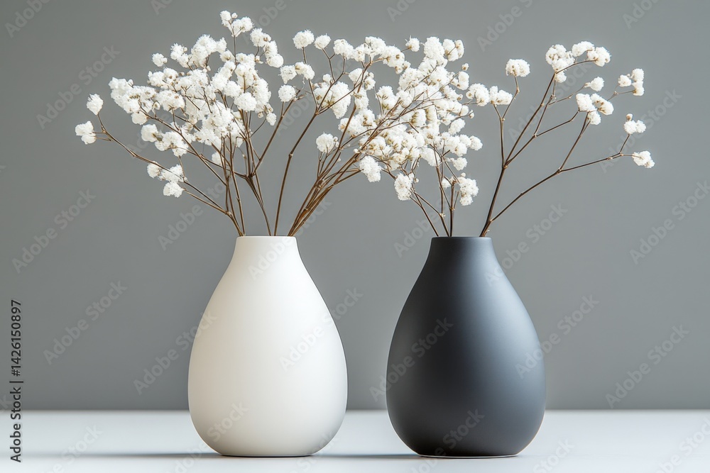 Poster elegant flower arrangements in minimalist vases showcase modern aesthetics in a serene indoor settin