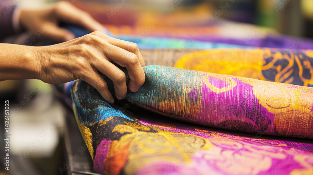 Poster detailed close-up of hands working with colorful fabric generative ai