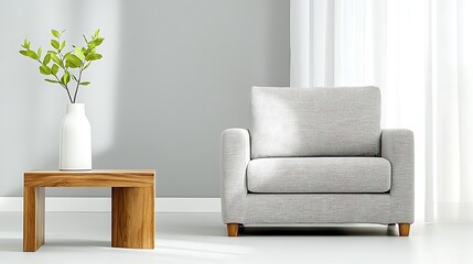 Serene interior with gray armchair, wood table, vase and plant by the window
