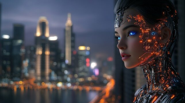 A futuristic cityscape with glowing neon lights and digital displays serves as the backdrop for a hightech humanoid robot standing tall