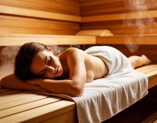 Woman relaxes in a satsna lying on a shelf. AI generated.