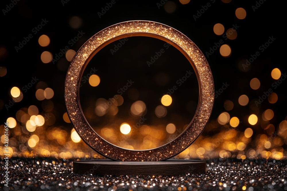 Poster circular decorative piece emits warm golden glow against sparkling backdrop in artistic setting