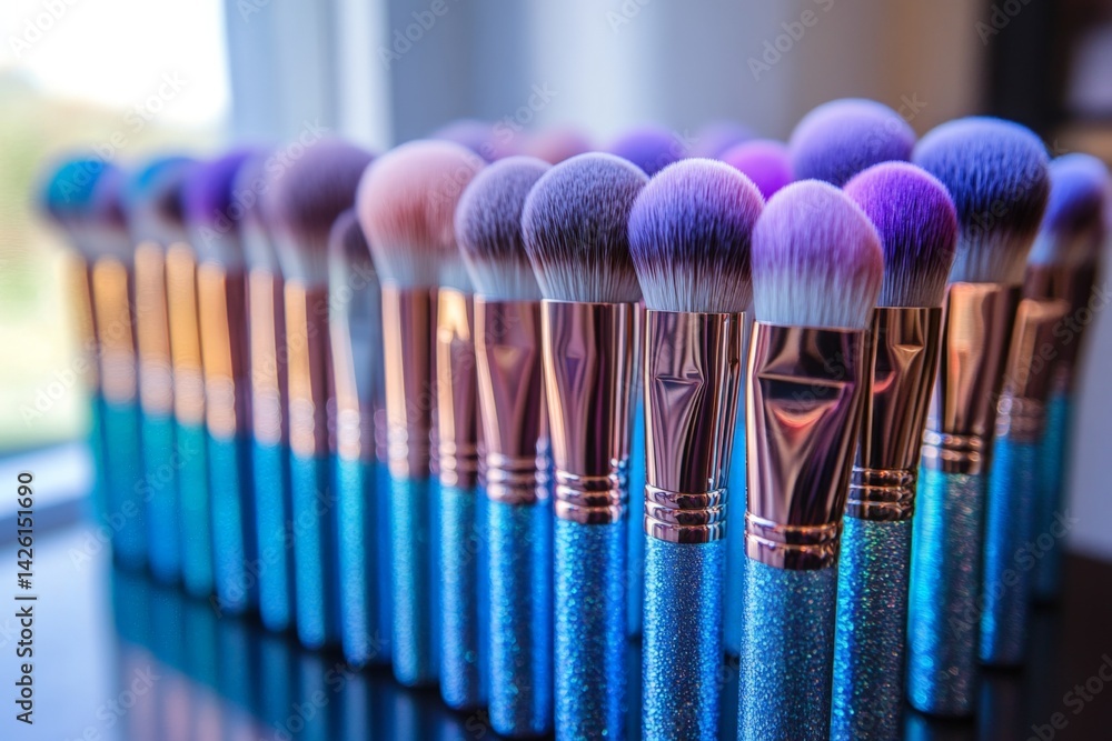 Aufkleber colorful makeup brushes arranged in a row on a reflective surface in bright light