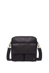 Modern black leather messenger bag with adjustable shoulder strap studio shot . Cut out isolated on white background