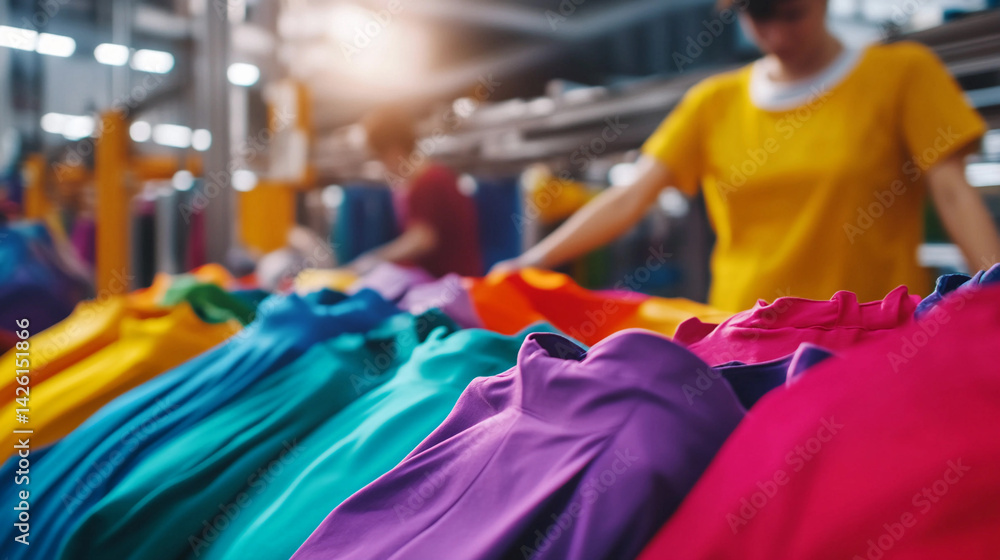 Poster vibrant textile production process in industrial setting generative ai
