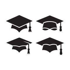 modern black graduation cap icon set vector silhouette isolated on white background