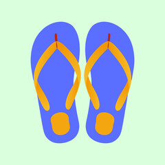 Blue and yellow summer beach flip flops on a light green background