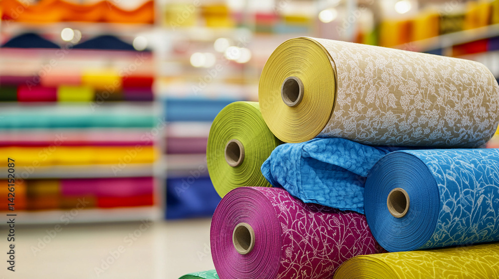 Poster vibrant rolls of fabric displayed in textile shop generative ai