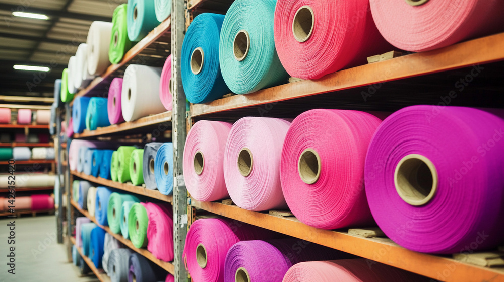 Poster colorful rolls of fabric arranged on shelves in a store generative ai