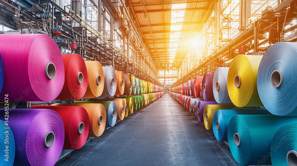 Poster industrial factory interior with colorful spools of thread generative ai