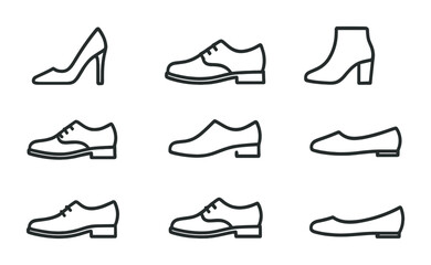Elegant shoe icons set: linear style featuring heels, loafers, boots, and flats