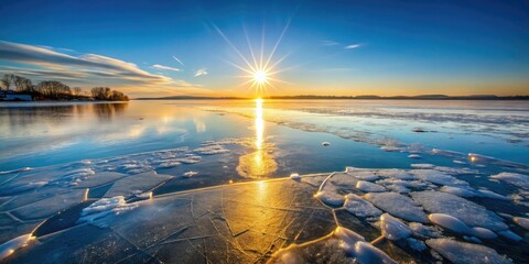 Winter Sunset Lake Ice Reflection Photography - Frozen Lake, Ice Crystals, Cold Weather, Nature Scenery