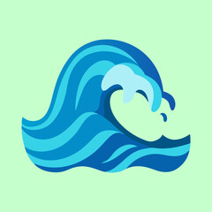 Obraz premium Stylized blue ocean wave with white foam on a light green background