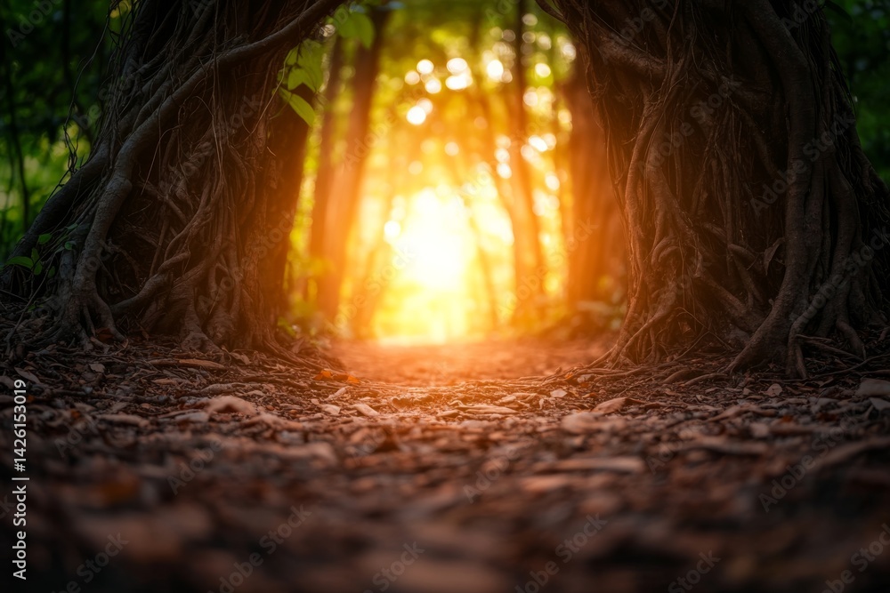 Poster An ancient portal reveals a pathway in an enchanted forest, where thick vines hang from the trees and soft beams of light create an ethereal atmosphere