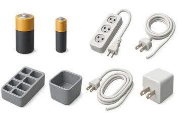 Energy and electronics icon set – 3d style power and utility symbols for home appliances, connectivity, and charging: battery, power strip, plug, outlet, adapter, usb cable, socket