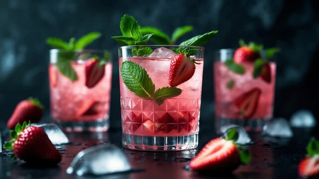 Alcoholic strawberry cocktail with fresh mint, close-up.