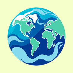 Stylized illustration of the earth surrounded by oceans and continents with white borders