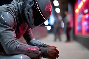 A futuristic robotic figure poses in a lit urban environment, conveying a sense of deep thought and introspection amid neon lighting and busy surroundings.